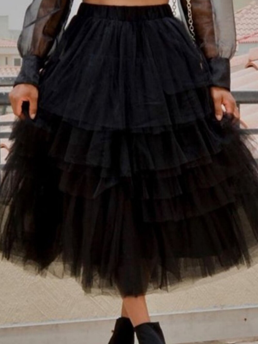 Nwot Chic Wish Black Asymetrical Layered Tulle Midi Skirt